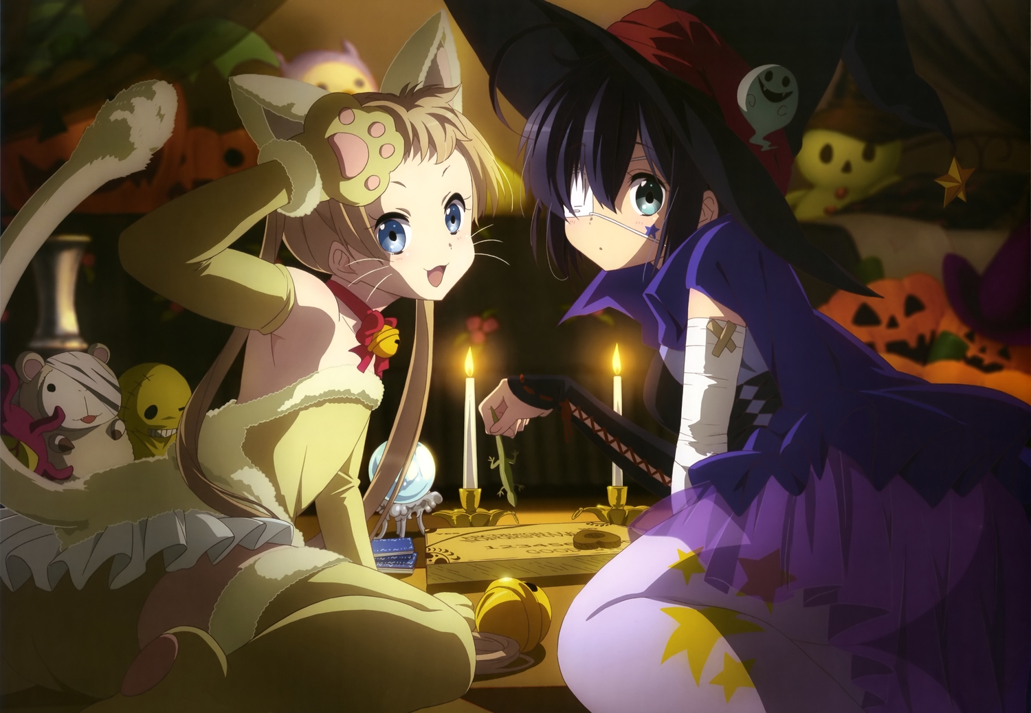 2girls, animal_ears, aqua_eyes, bandage, bell, blonde_hair, blue_eyes, blue_hair, book, cat_smile, chuunibyou_demo_koi_ga_shitai!, dekomori_sanae, eyepatch, halloween, hat, ikeda_kazumi, long_hair, nyantype, pumpkin, scan, tail, takanashi_rikka, thighhighs, twintails, witch_hat