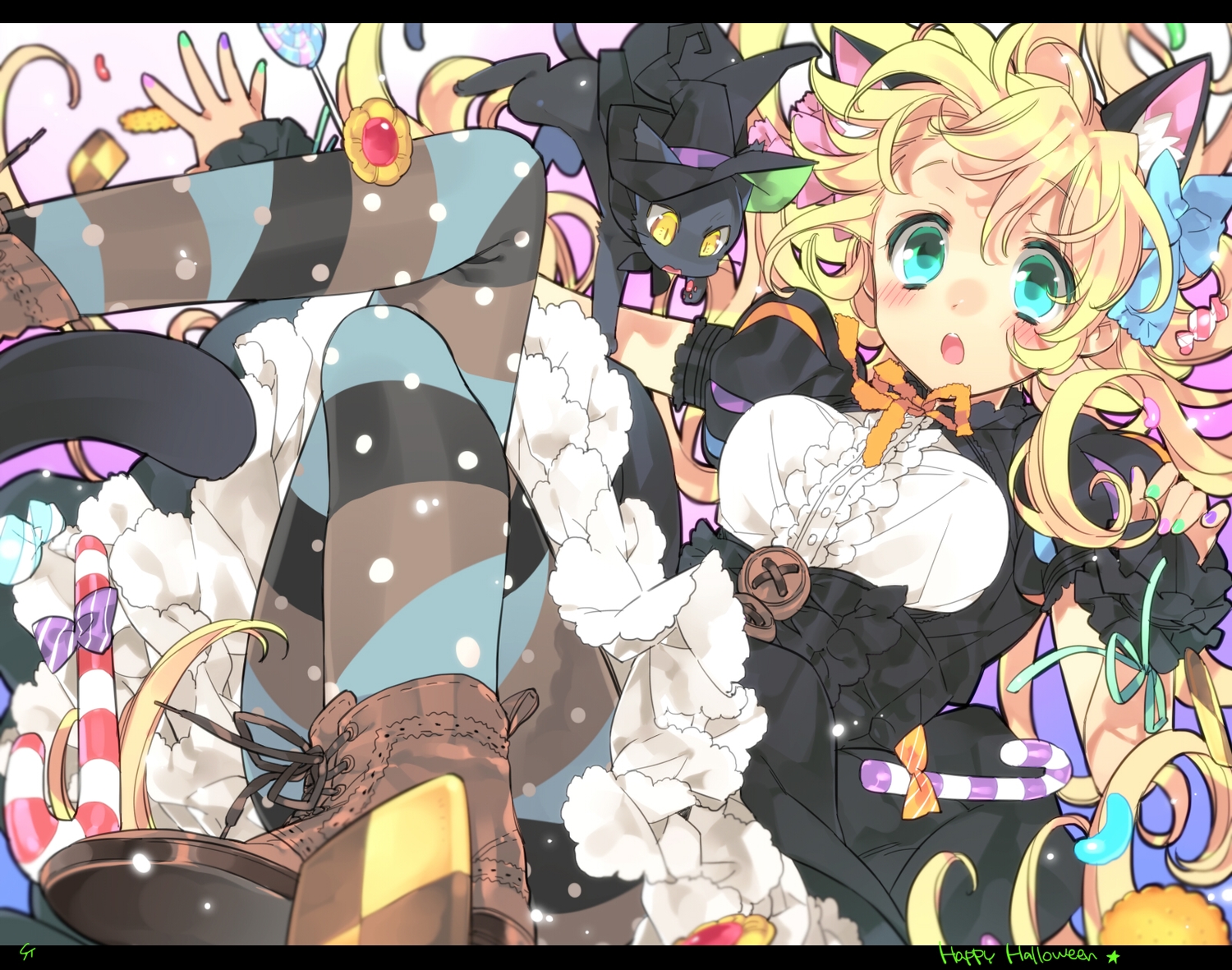 animal, animal_ears, aqua_eyes, blonde_hair, blush, boots, candy, cat, dress, food, halloween, hat, lollipop, original, pantyhose, ribbons, toujou_sakana, witch_hat