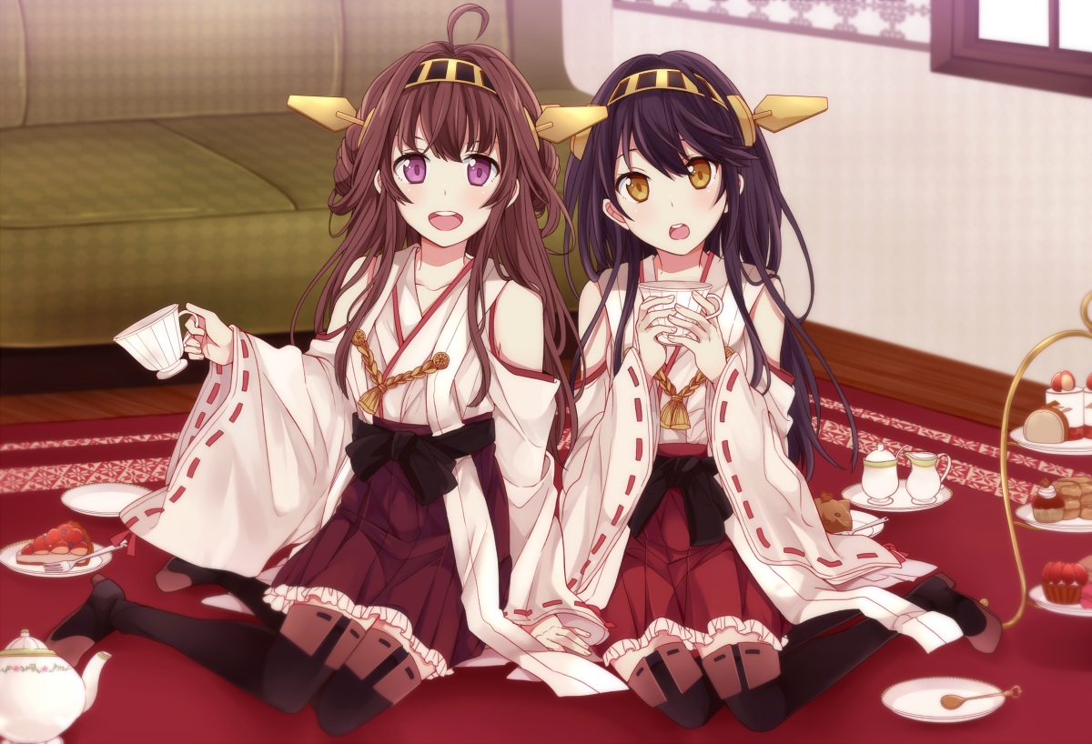 2girls, anthropomorphism, black_hair, blush, brown_hair, cake, choukou_koukyou_no_inagi, drink, food, haruna_(kancolle), headband, japanese_clothes, kantai_collection, kongou_(kancolle), long_hair, miko, purple_eyes, skirt, thighhighs, yellow_eyes