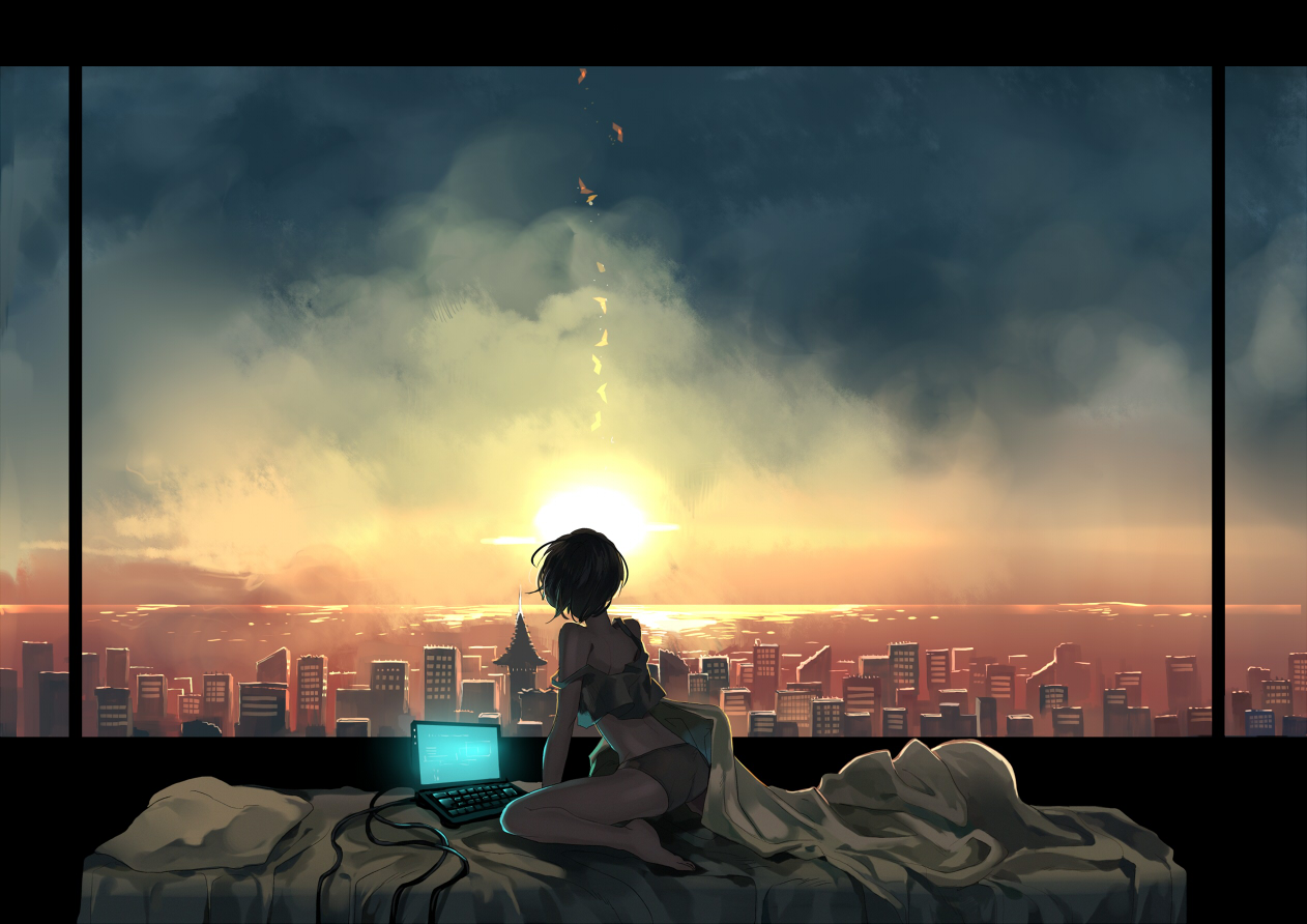 barefoot, bed, city, computer, kyouichi, original, scenic, short_hair, sky, sunset, underwear, water
