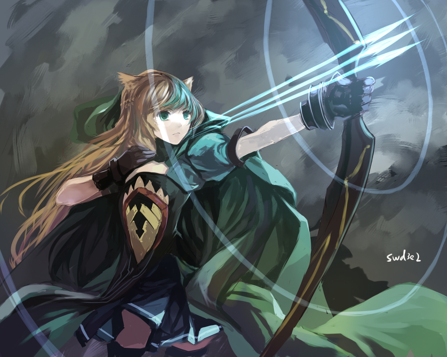 animal_ears, atalanta_(fate), bow_(weapon), brown_hair, cape, dress, fate/apocrypha, fate_(series)
