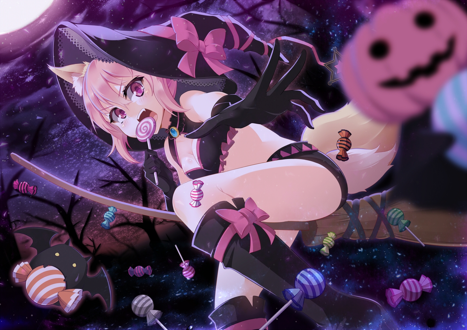 animal, animal_ears, bat, boots, bow, breasts, candy, cleavage, elbow_gloves, food, gloves, halloween, hat, lollipop, original, paparins, pink_eyes, pink_hair, pumpkin, tail, tree, witch, witch_hat