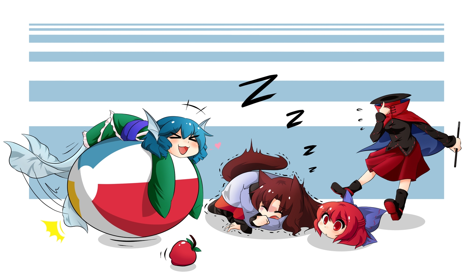 animal_ears, apple, blue_hair, blush, boots, brown_hair, cape, fang