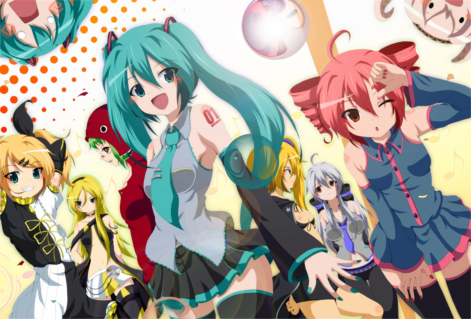 akita_neru, aqua_eyes, aqua_hair, blonde_hair, blue_eyes, dr._cryptoso, gray_hair, green_hair