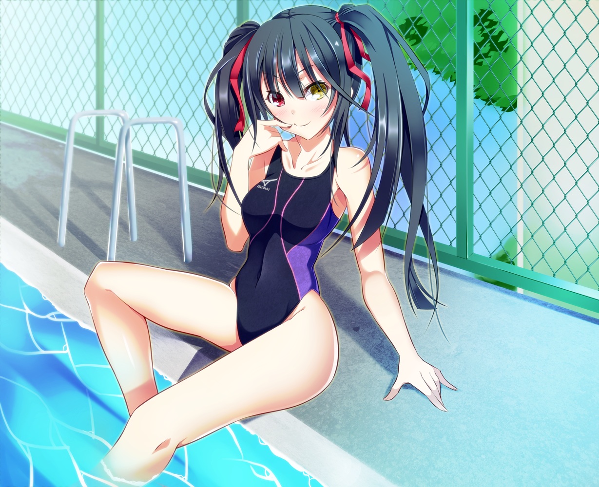 bicolored_eyes, black_hair, blush, date_a_live, kazeoto_kirito, long_hair, pool, ribbons, swimsuit, tokisaki_kurumi, twintails, water