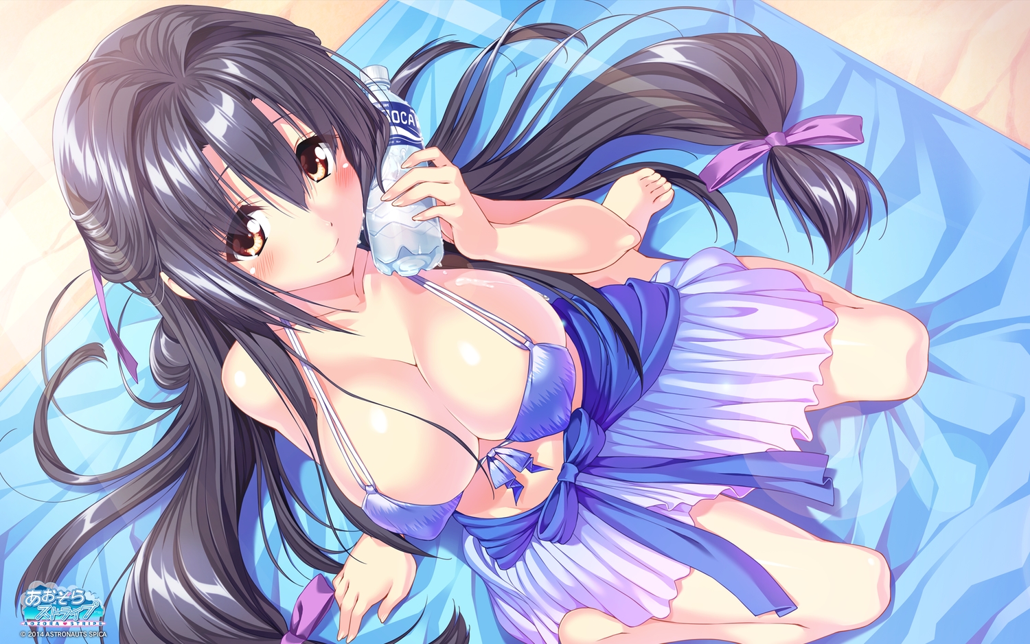 aozora_stripe, astronauts, barefoot, bikini, bikini_top, black_hair, blush, bow, breasts, brown_eyes, cleavage, drink, hasekura_misato, logo, long_hair, piromizu, skirt, swimsuit, watermark