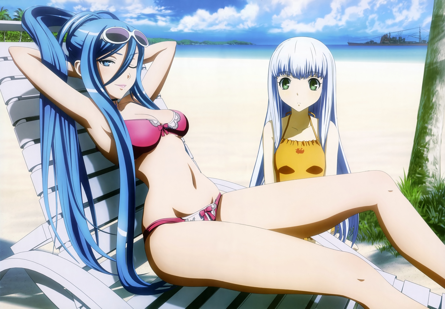 anthropomorphism, aoki_hagane_no_arpeggio, beach, bikini, blue_eyes, blue_hair, gray_hair, green_eyes, iona_(arpeggio), long_hair, navel, nyantype, scan, swimsuit, takao_(arpeggio), water, wink