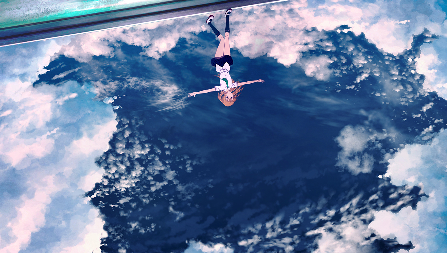 asakura_miu, aya_(star), bungaku_shoujo, clouds, long_hair, orange_hair, scenic, school_uniform, sky, socks