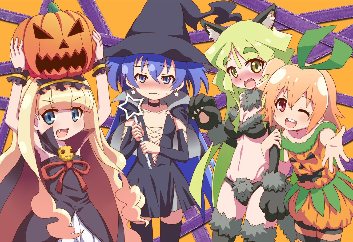 akane_taiyou, animal_ears, blush, fang, genei_wo_kakeru_taiyou, gonzaburo, halloween, hat, hoshikawa_seira, shirokane_ginka, tail, tsukuyomi_luna, wink