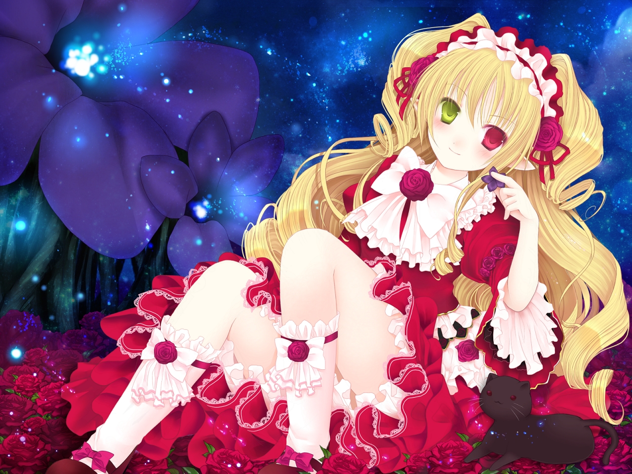 animal, bicolored_eyes, blonde_hair, blush, cat, dress, flowers, kneehighs, long_hair, pointed_ears, rara419, tagme