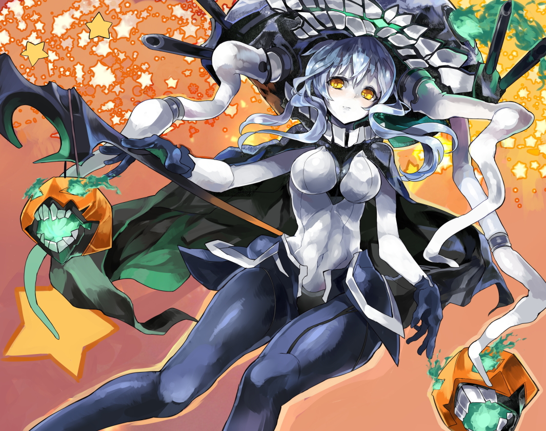 aliasing, anthropomorphism, bodysuit, cape, gloves, gray_hair, halloween, himuro, kantai_collection, orange_eyes, pumpkin, staff, wo-class_aircraft_carrier