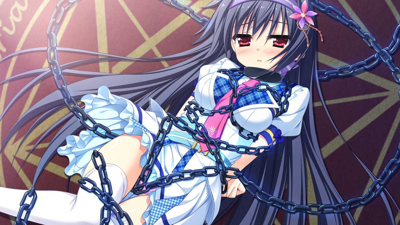 amagase_natsuki, black_hair, bondage, chain, game_cg, headband, hontani_kanae, karumaruka_circle
