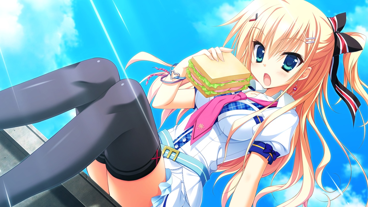 asahina_shin, blonde_hair, blue_eyes, food, game_cg, hontani_kanae, karumaruka_circle, long_hair