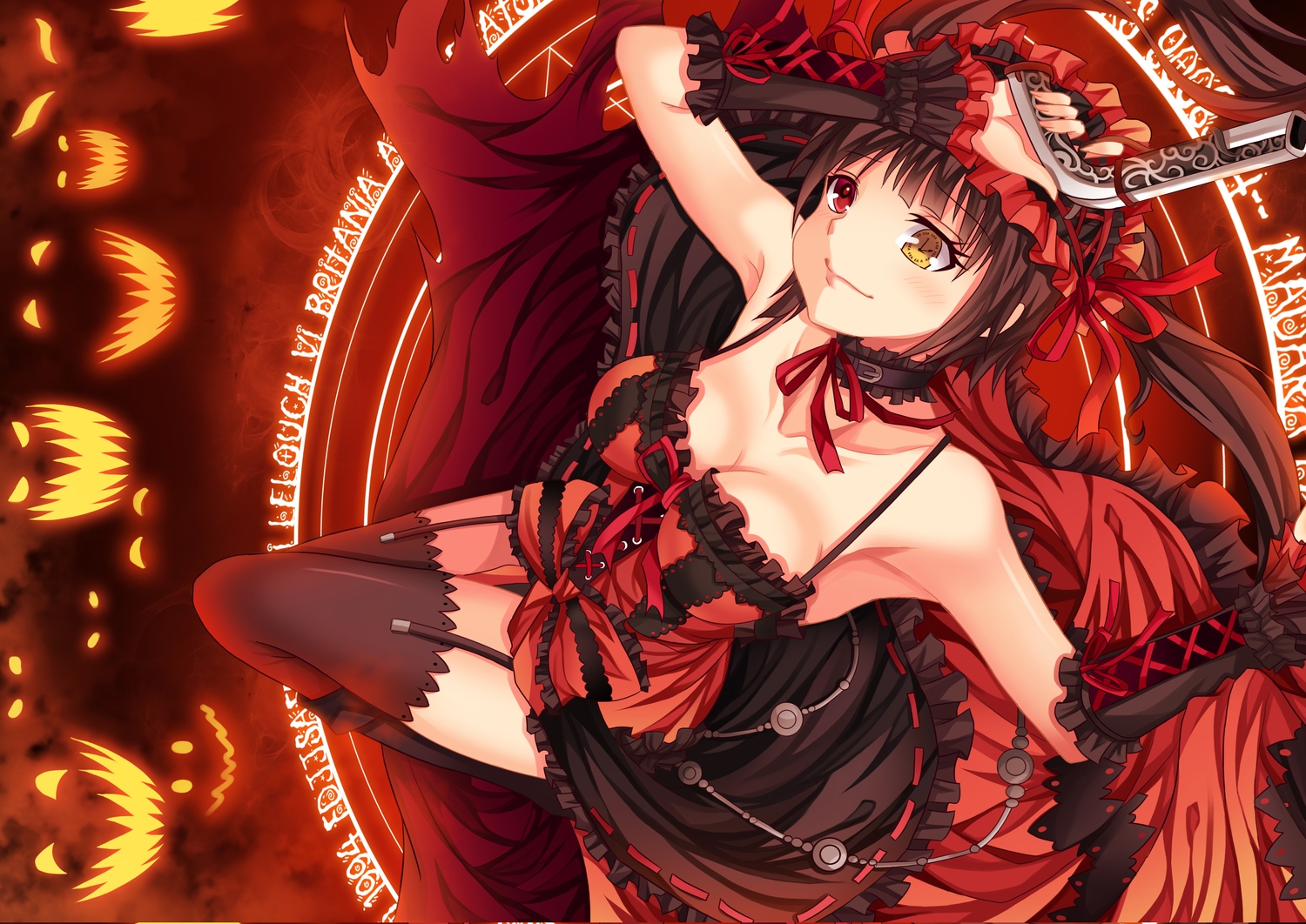 bicolored_eyes, black_hair, breasts, choker, cleavage, date_a_live, dress, garter_belt, gun, halloween, headdress, jpeg_artifacts, long_hair, ribbons, roland-gin, thighhighs, tokisaki_kurumi, weapon
