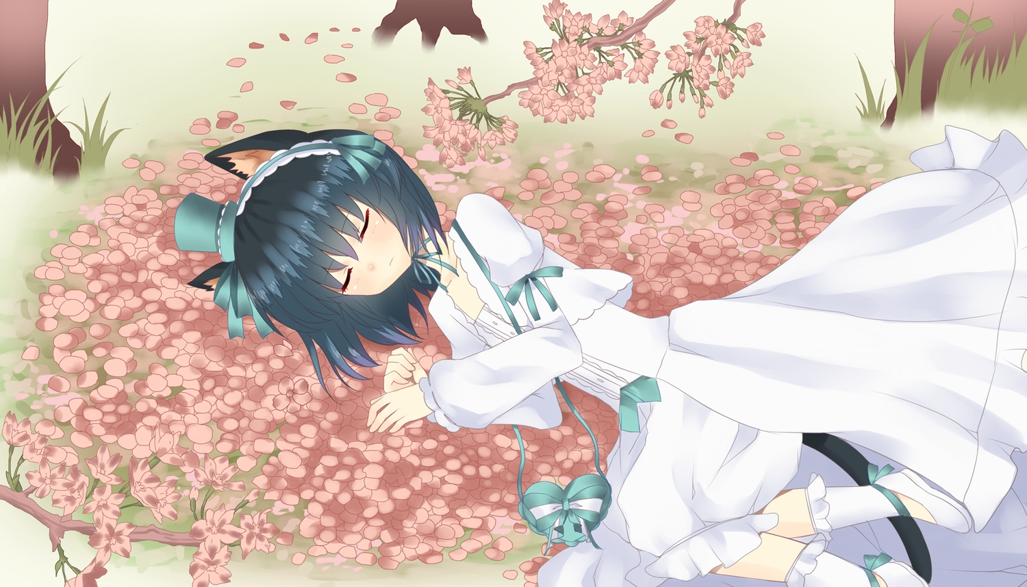 animal_ears, bow, catgirl, dress, flowers, headband, petals, short_hair, sleeping, tail, tsunyandere