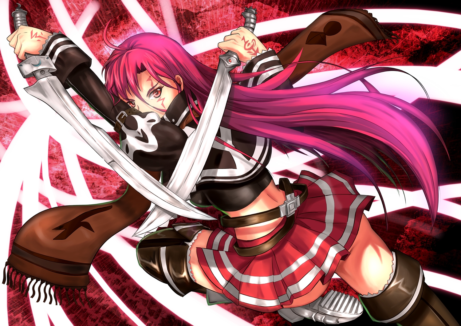 boots, long_hair, original, pink_eyes, purple_hair, scarf, skirt, soyokaze
