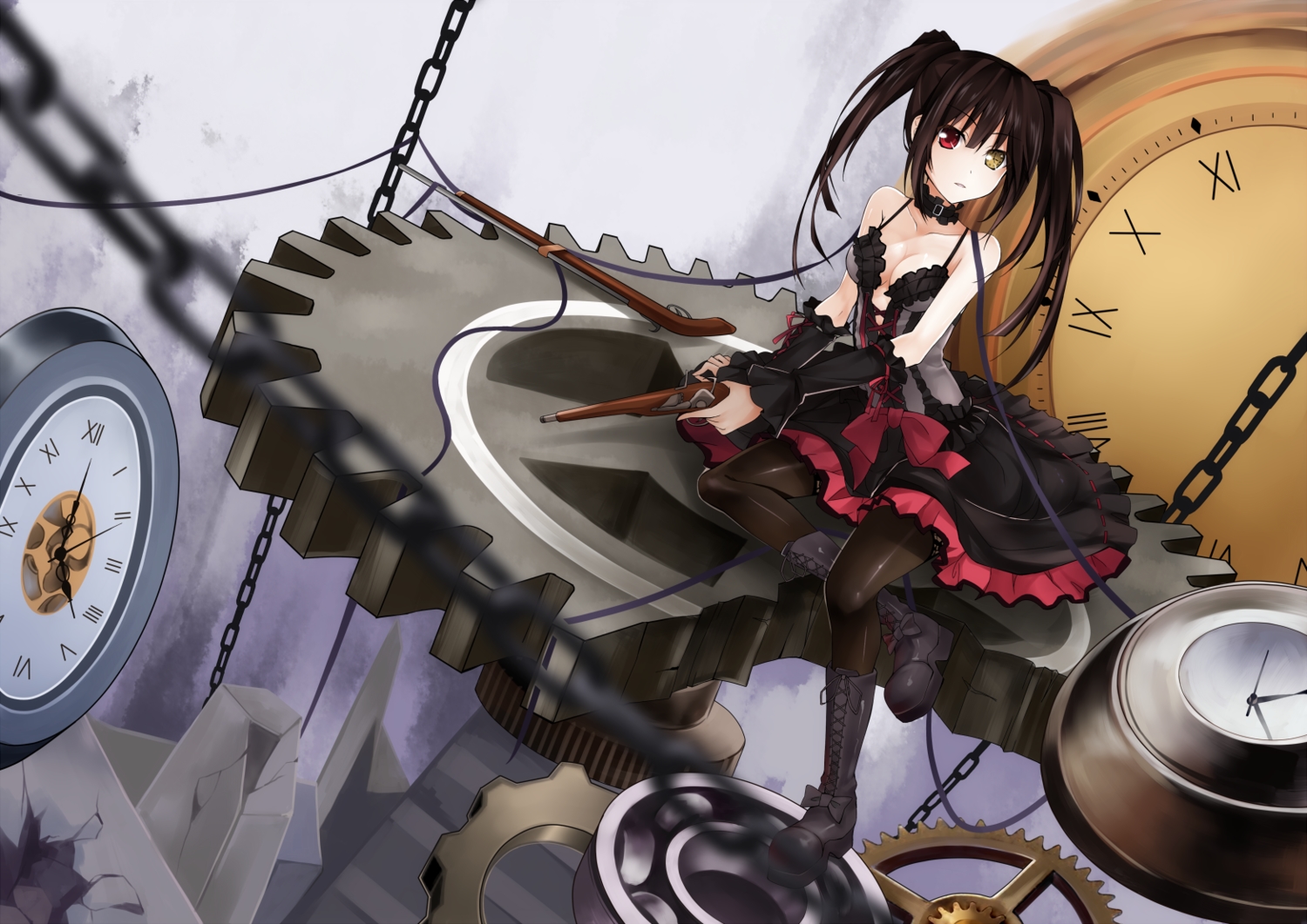 bicolored_eyes, black_hair, boots, breasts, chain, cleavage, date_a_live, dress