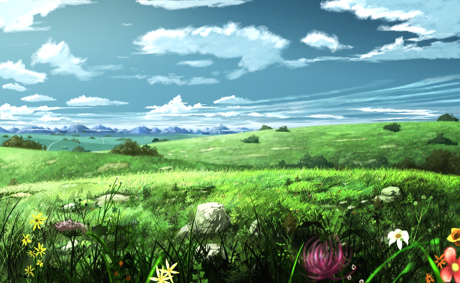 clouds, flowers, grass, no_humans, original, realistic, scenic, sky