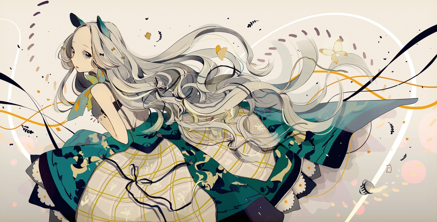 animal_ears, butterfly, dress, gray_hair, long_hair, original, ribbons, tears, toinana