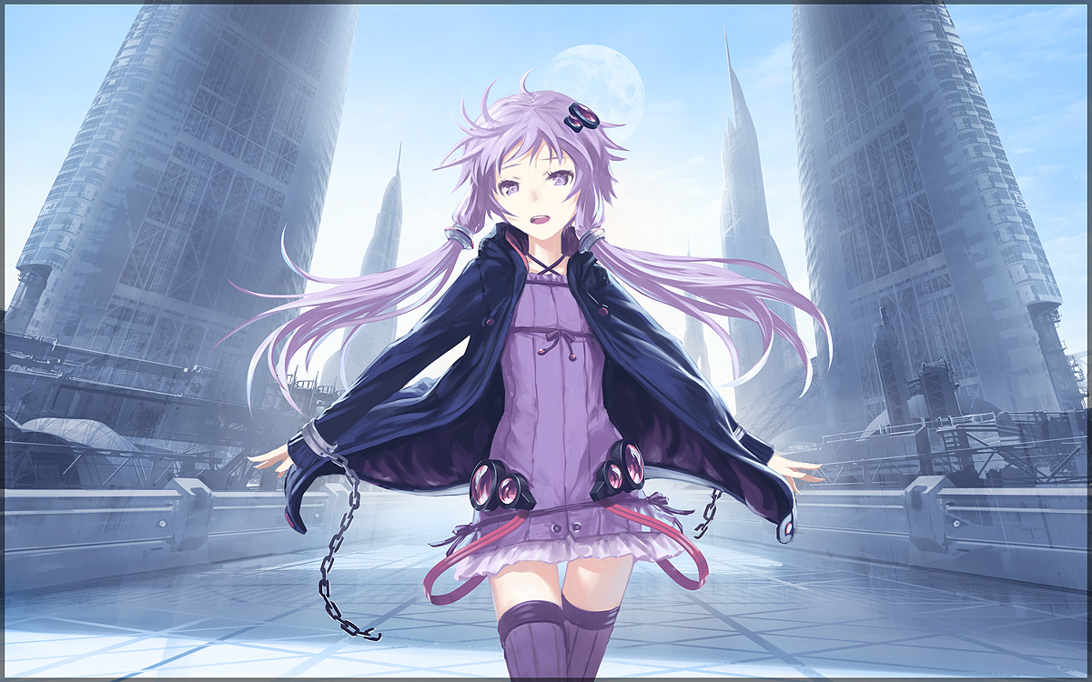 building, chain, hood, moon, purple_eyes, purple_hair, shackles, shantao_(yamamomo), twintails, vocaloid, voiceroid, yuzuki_yukari, zettai_ryouiki