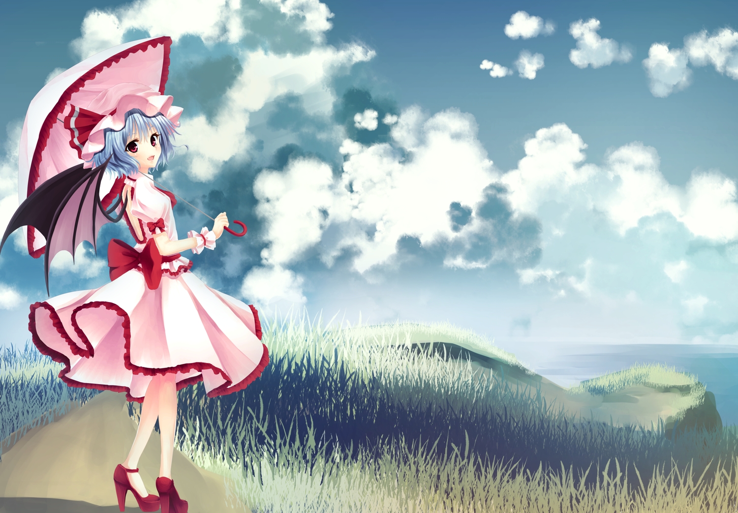 blue_hair, bow, clouds, dress, fang, grass, junior27016, red_eyes, remilia_scarlet, short_hair, sky, touhou, umbrella, vampire, wings