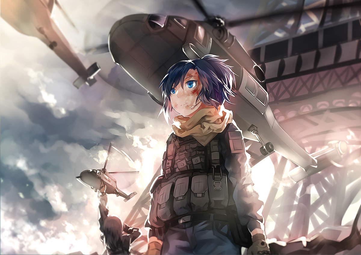aircraft, aqua_eyes, blood, blue_hair, gloves, headphones, military, original, rff_(3_percent), short_hair