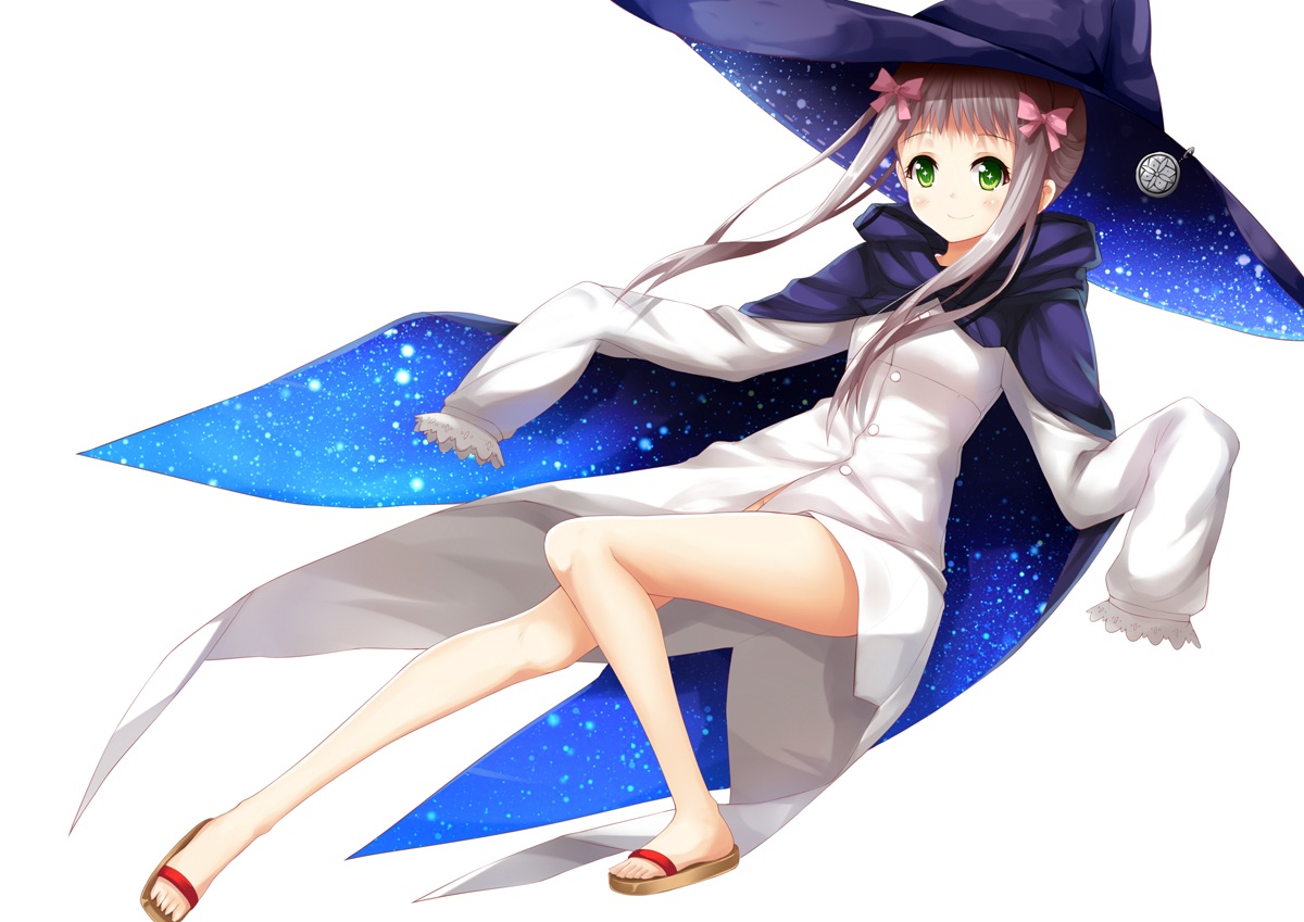 aixioo, cape, fantasista_doll, gray_hair, green_eyes, hat, proto_zero, ribbons, shirt, twintails, white, witch_hat