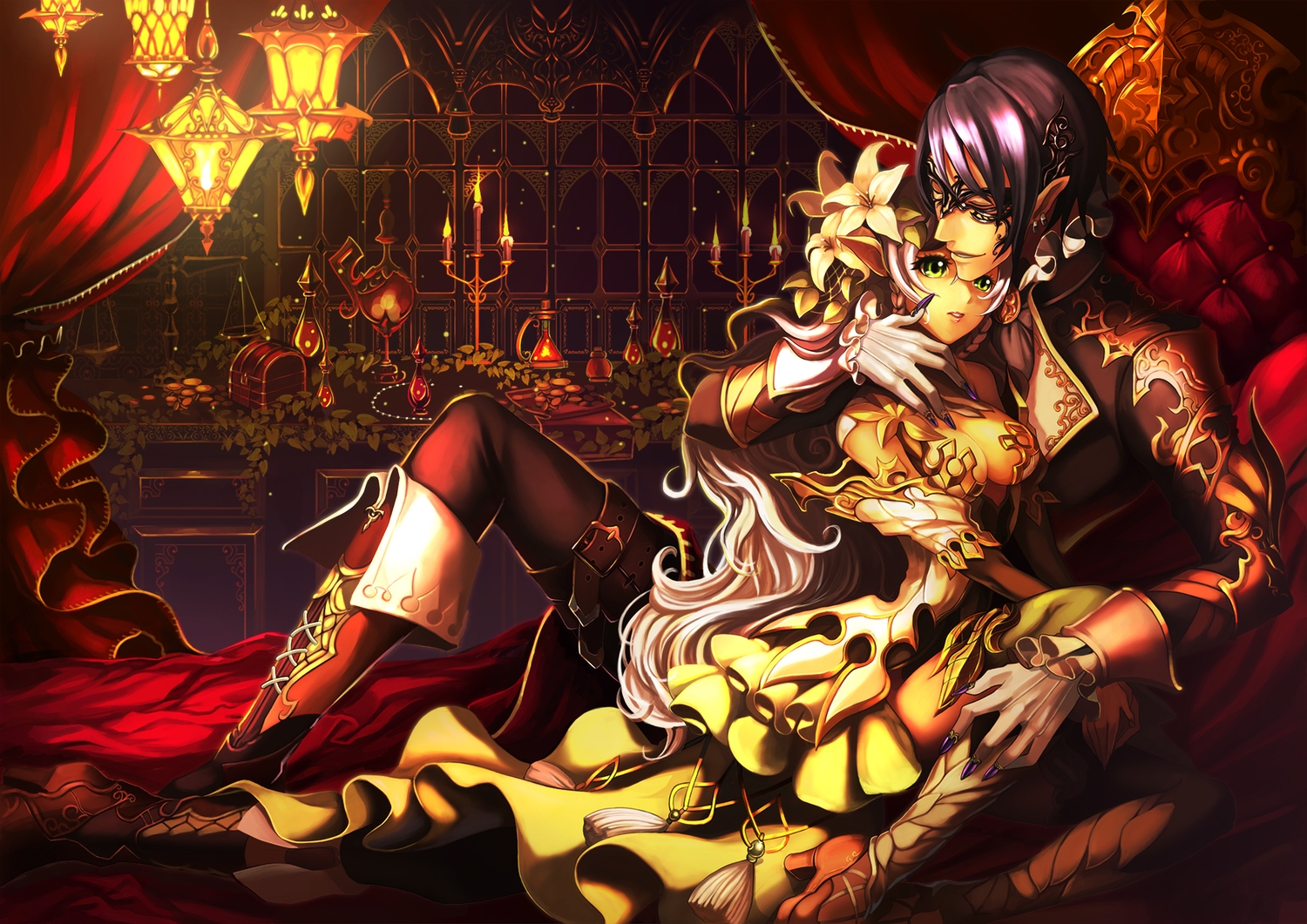 black_hair, boots, breasts, cleavage, dress, flowers, green_eyes, jizero