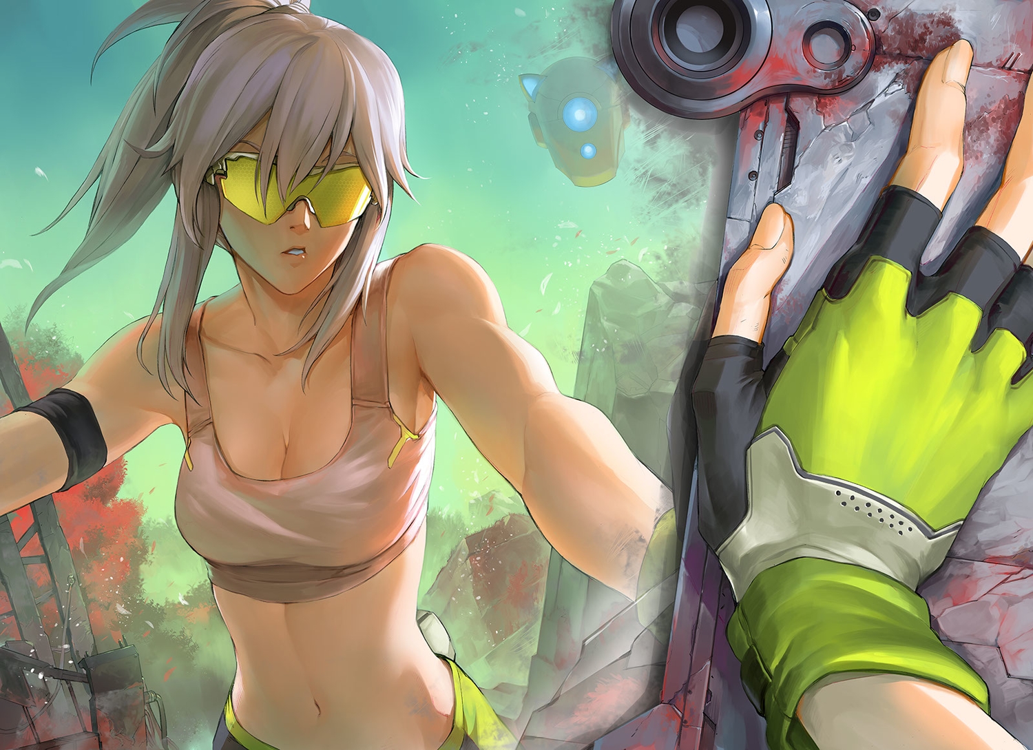 breasts, cleavage, gloves, goggles, jpeg_artifacts, mirror, navel, original, patipat_asavasena, reflection, robot, white_hair
