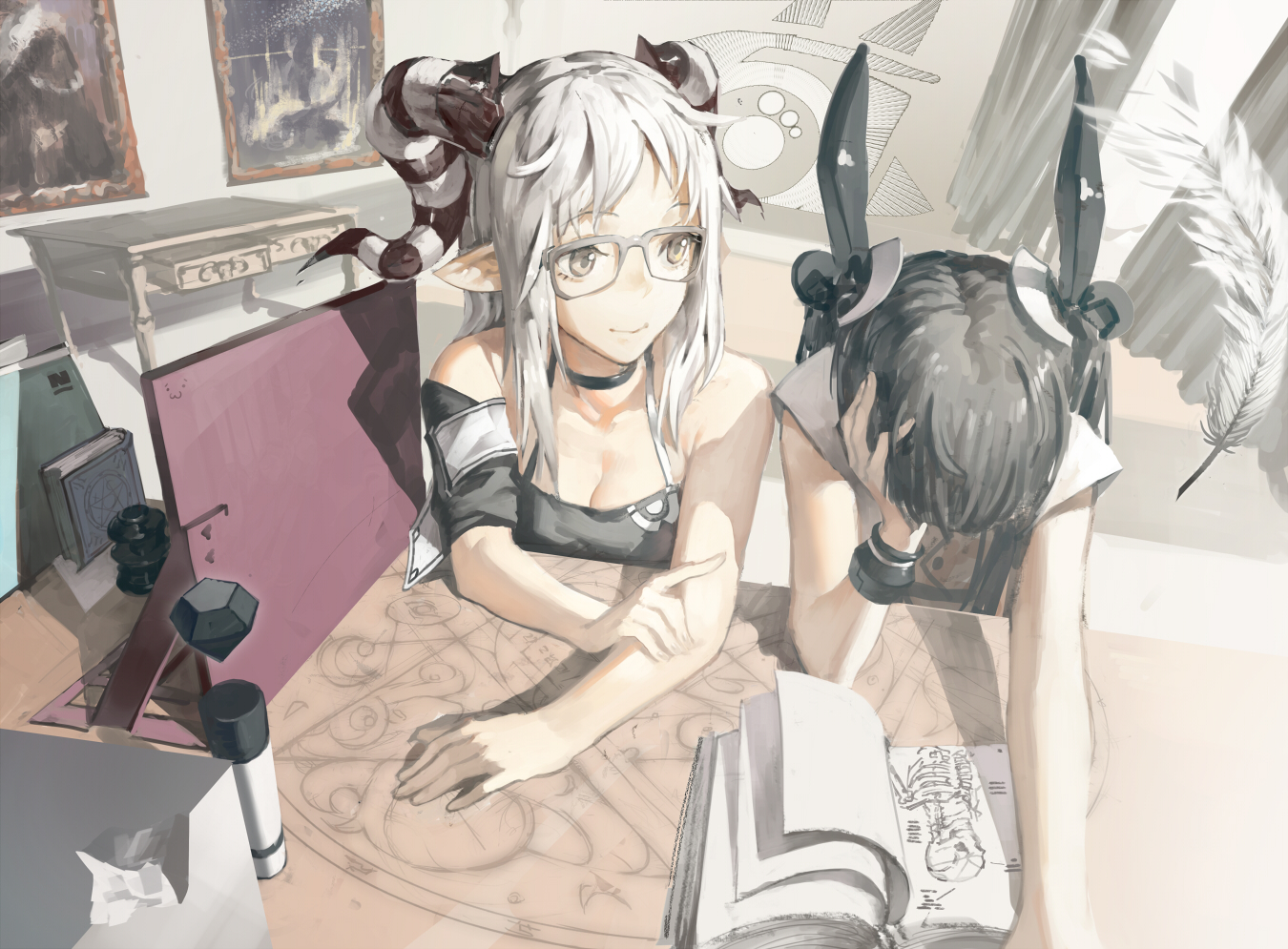 2girls, aituoku_(twh), black_hair, book, breasts, brown_eyes, choker, cleavage