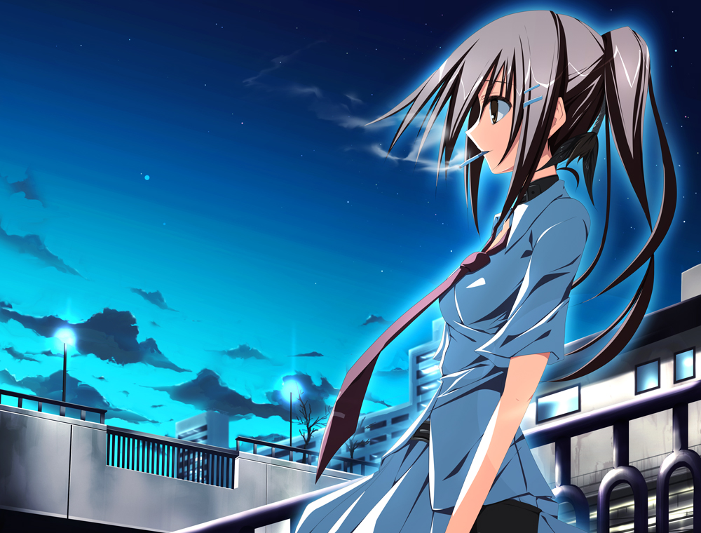 brown_eyes, brown_hair, choker, cigarette, clouds, mac-kine, minakami_yuki, night, sky, smoking, stars, subarashiki_hibi, tie