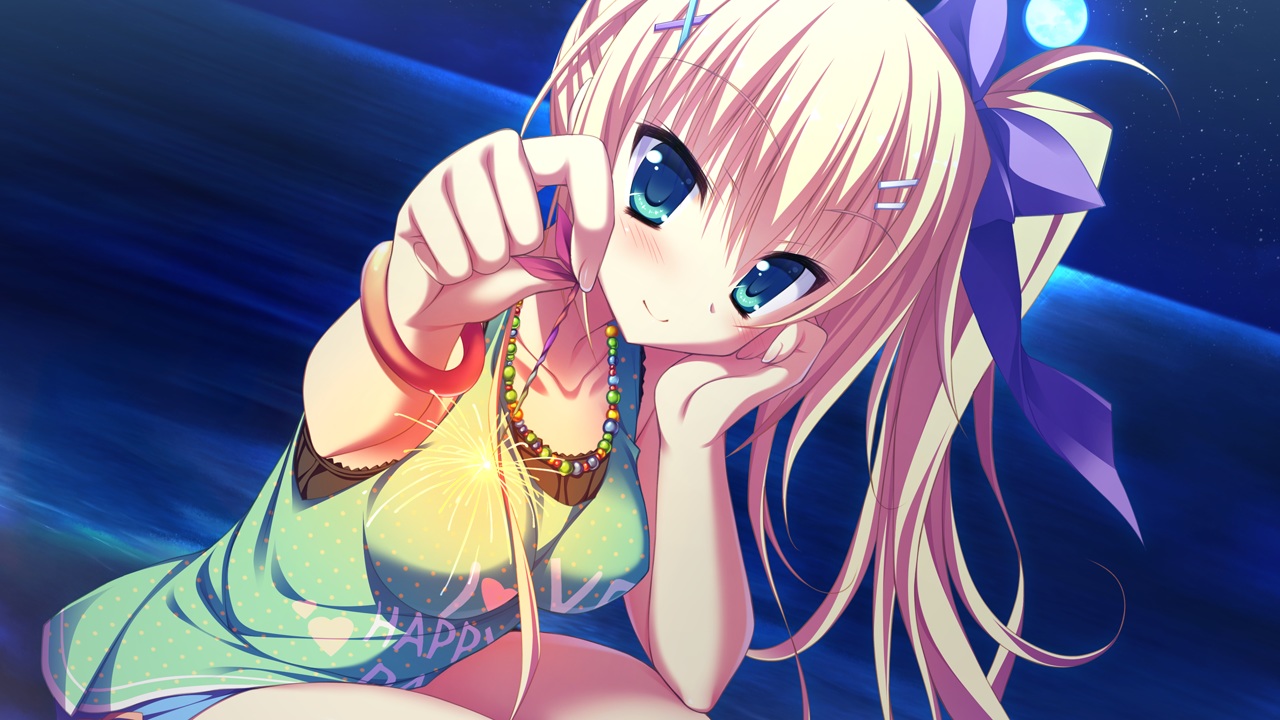 asahina_shin, blonde_hair, blue_eyes, fireworks, game_cg, hontani_kanae, karumaruka_circle, long_hair