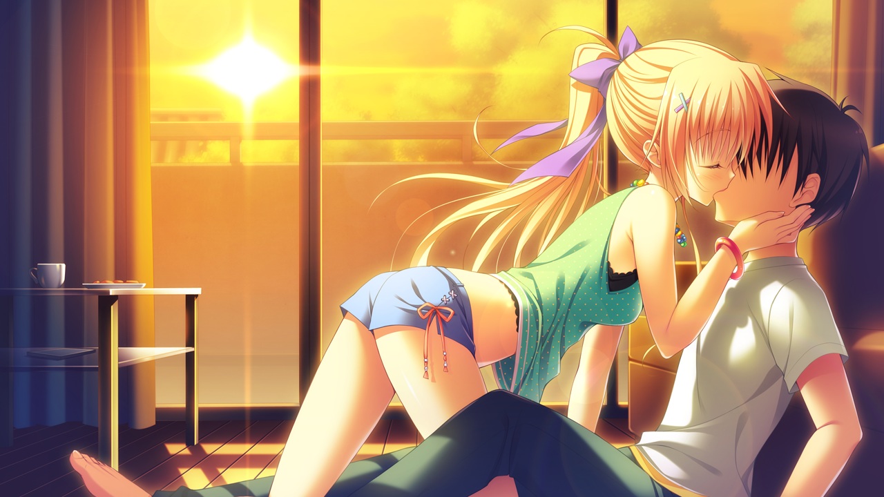 asahina_shin, blonde_hair, game_cg, hontani_kanae, karumaruka_circle, kiss, ponytail, saga_planets, shorts, sunset