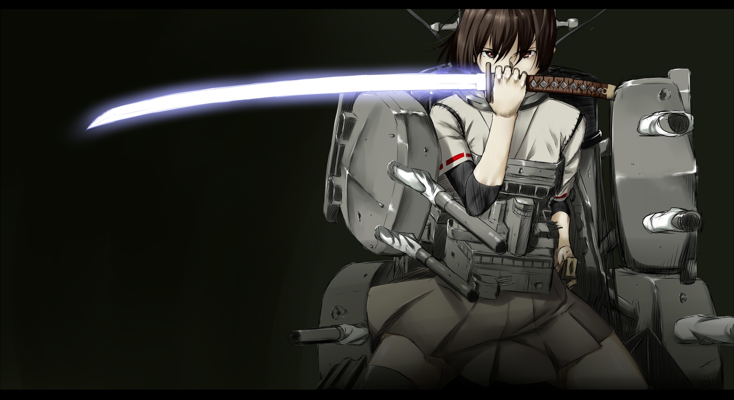 aliasing, anthropomorphism, brown_eyes, brown_hair, dark, hyuuga_(kancolle), kantai_collection, katana, niwatazumi, sketch, skirt, sword, weapon