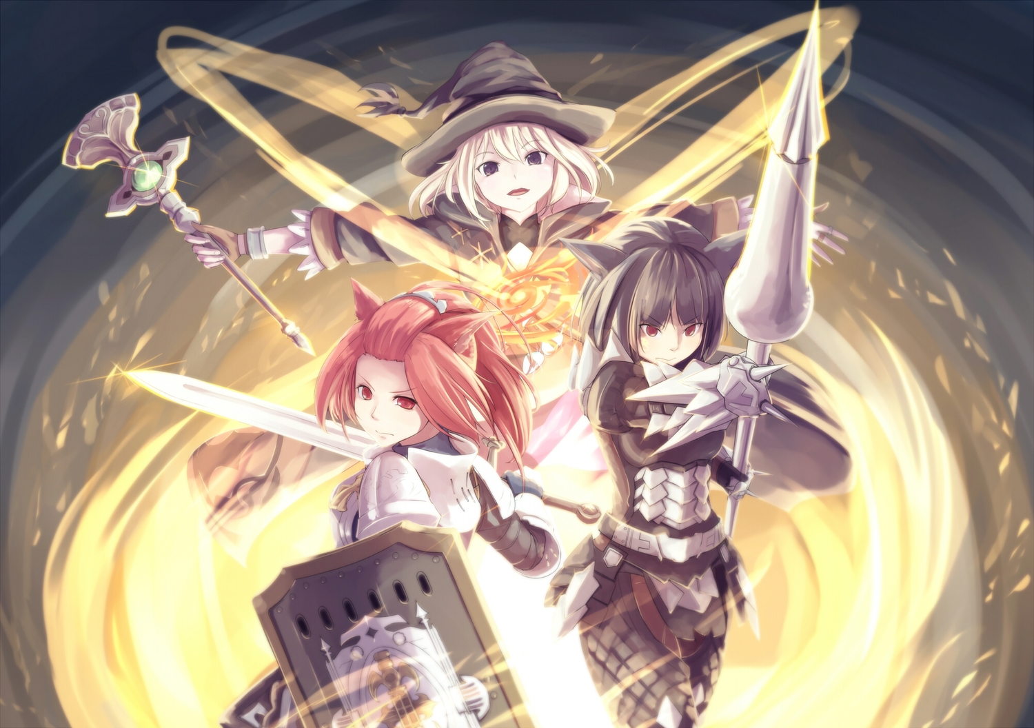 animal_ears, armor, black_eyes, black_hair, blonde_hair, dararito, final_fantasy, final_fantasy_xiv