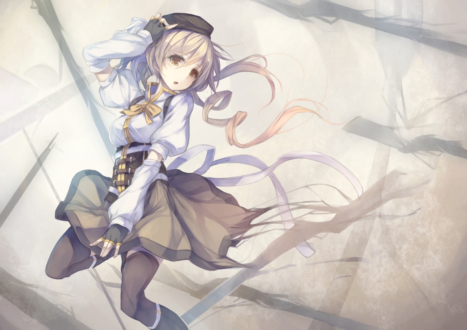 blonde_hair, boots, dress, fal_maro, gloves, gun, hat, long_hair