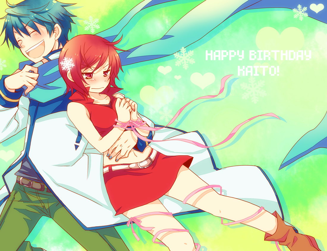 blue_hair, blush, boots, brown_eyes, brown_hair, hug, kaito, male, meiko, navel, ribbons, scarf, short_hair, skirt, tsuyuka_(sunny_spot), vocaloid