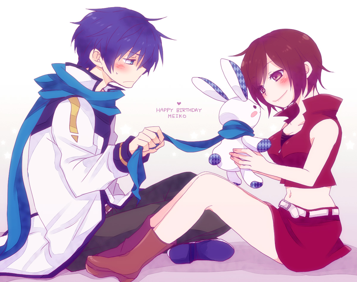 blue_eyes, blue_hair, blush, brown_eyes, brown_hair, bunny, kaito, male, meiko, navel, scarf, short_hair, tsuyuka_(sunny_spot), vocaloid