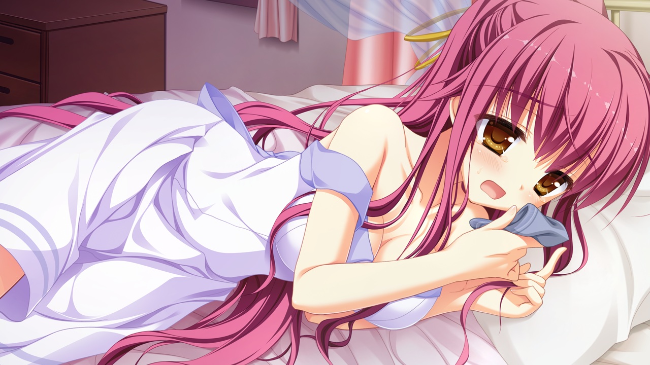 bed, blush, breasts, cleavage, game_cg, hontani_kanae, karumaruka_circle, kousaka_yukiha, long_hair, red_hair, saga_planets