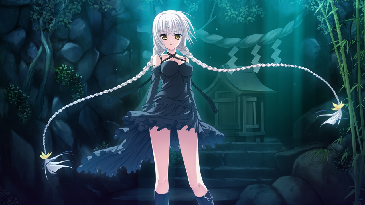 boots, braids, brown_eyes, dress, game_cg, hontani_kanae, karumaruka_circle, long_hair, saga_planets, sasakura_mirai, shrine, twintails, white_hair