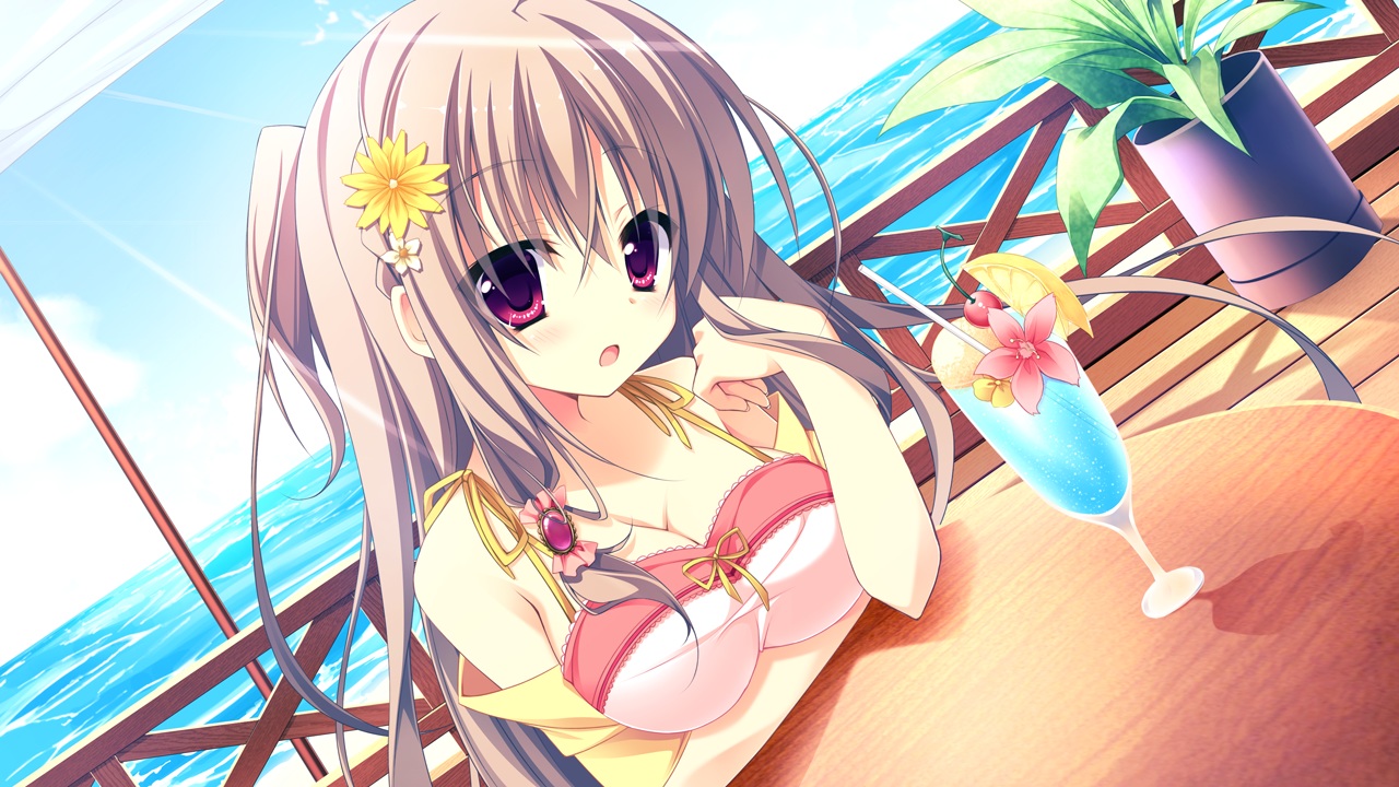 breast_hold, breasts, brown_hair, cleavage, drink, game_cg, hontani_kanae, karumaruka_circle