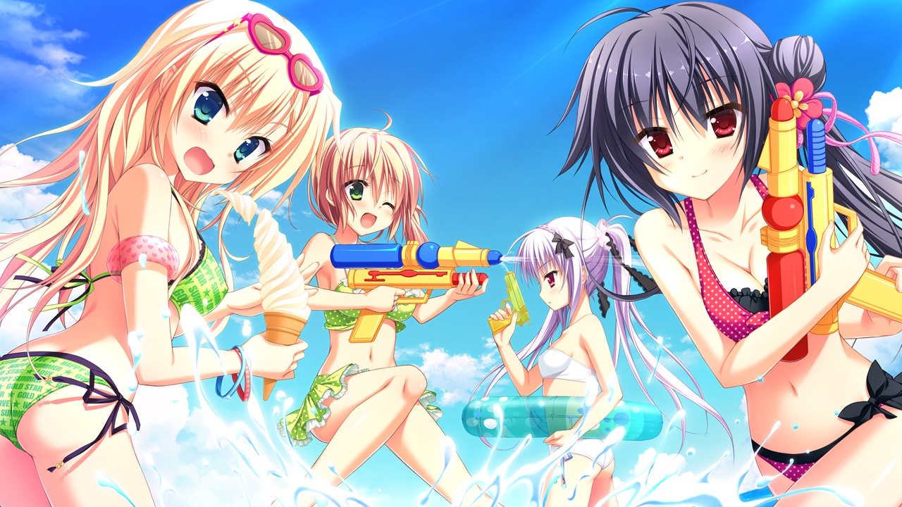 amagase_natsuki, asahina_shin, bikini, black_hair, blonde_hair, blue_eyes, brown_hair, food