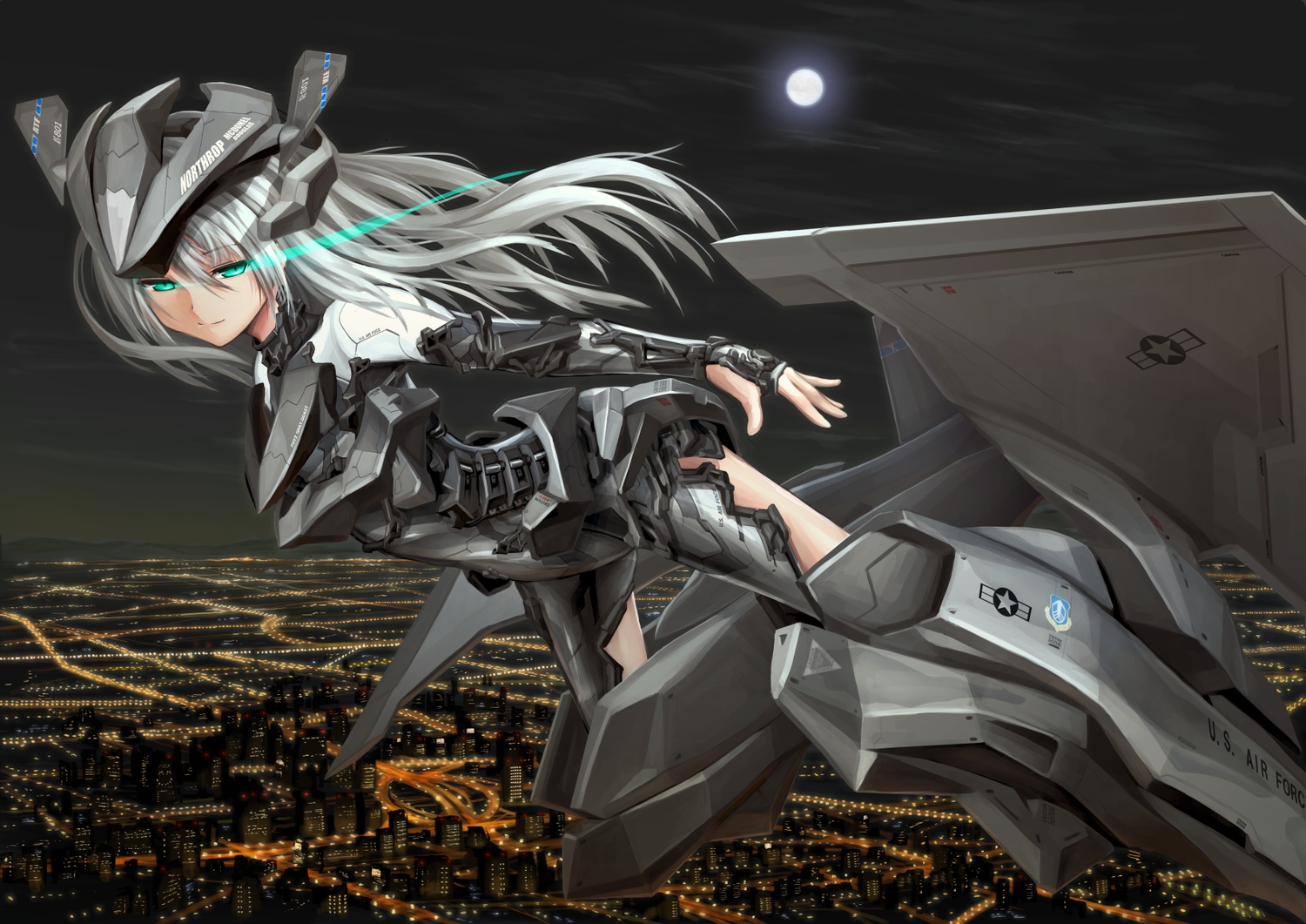 anthropomorphism, aqua_eyes, city, gray_hair, green_eyes, headdress, long_hair, mechagirl, moon, night, original, tom-neko_(zamudo_akiyuki), white_hair