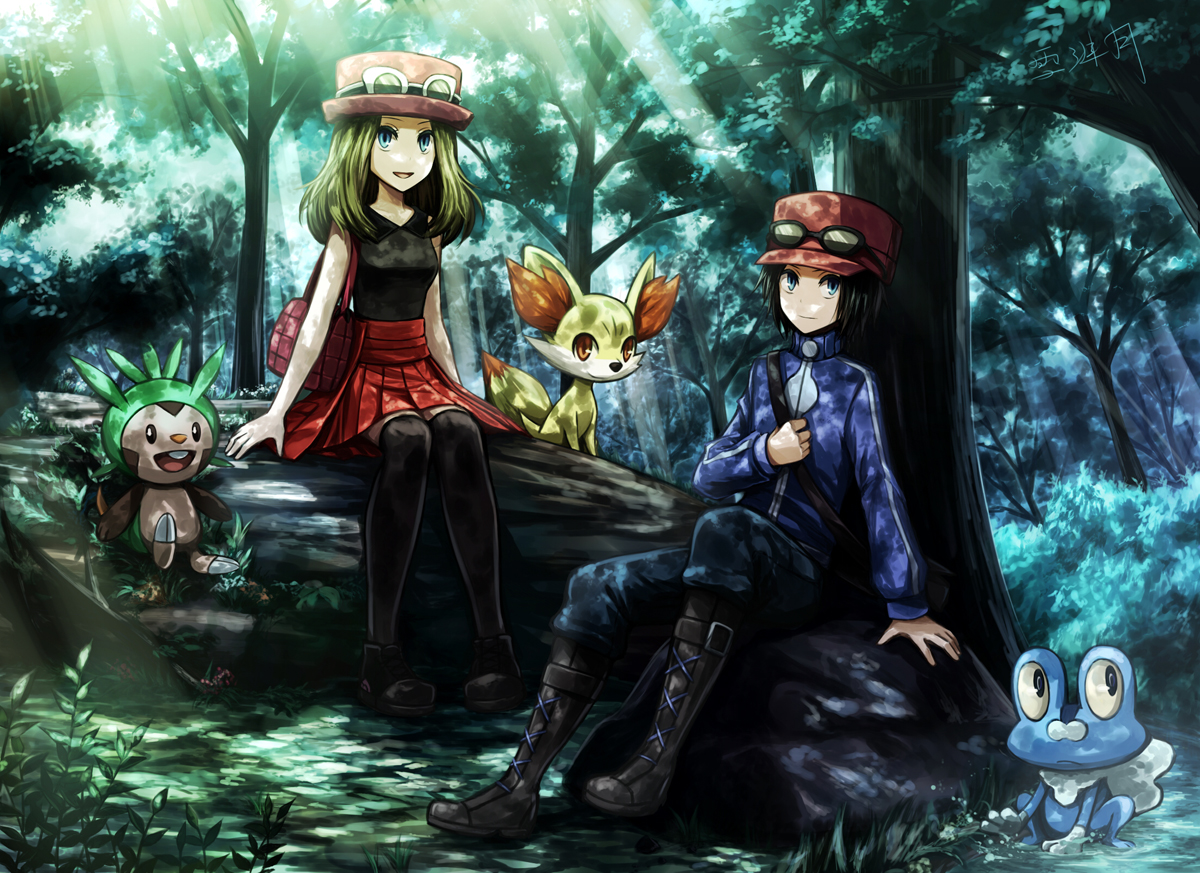 angel31424, boots, calme_(pokemon), chespin, fennekin, forest, froakie, hat, male, pokemon, serena_(pokemon), signed, sunglasses, tree