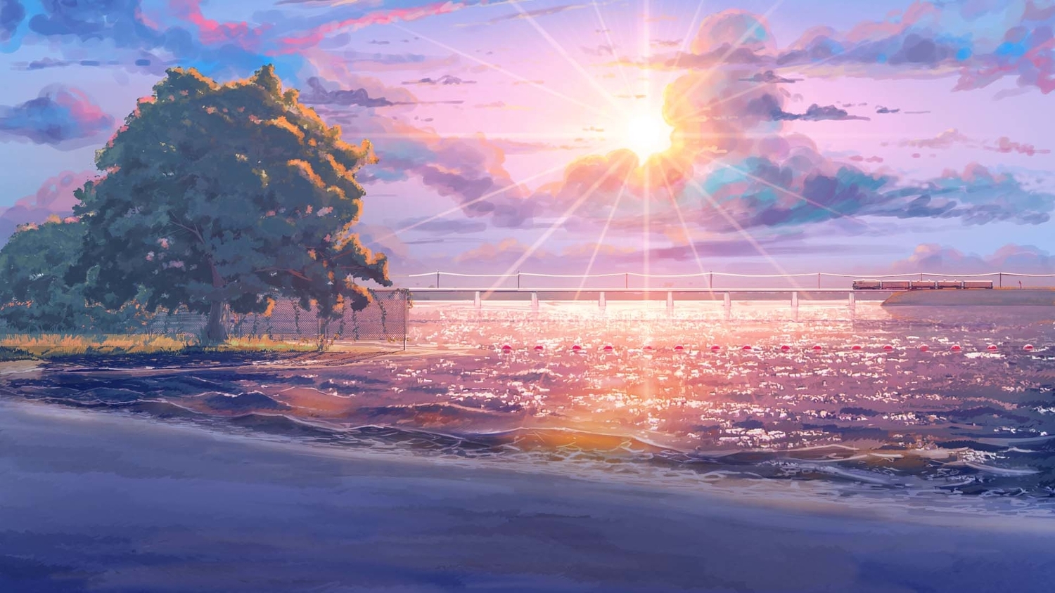 arsenixc, everlasting_summer, game_cg, jpeg_artifacts, no_humans, scenic, sky, sunset