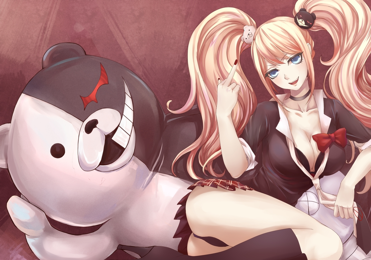 blonde_hair, blue_eyes, bow, breasts, cleavage, dangan-ronpa, enoshima_junko, kneehighs