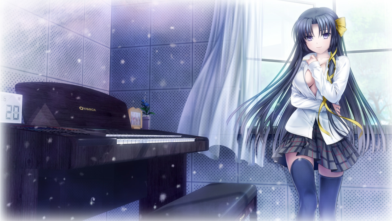 black_hair, breasts, instrument, kurugaya_yuiko, little_busters!, long_hair, moonknives, no_bra