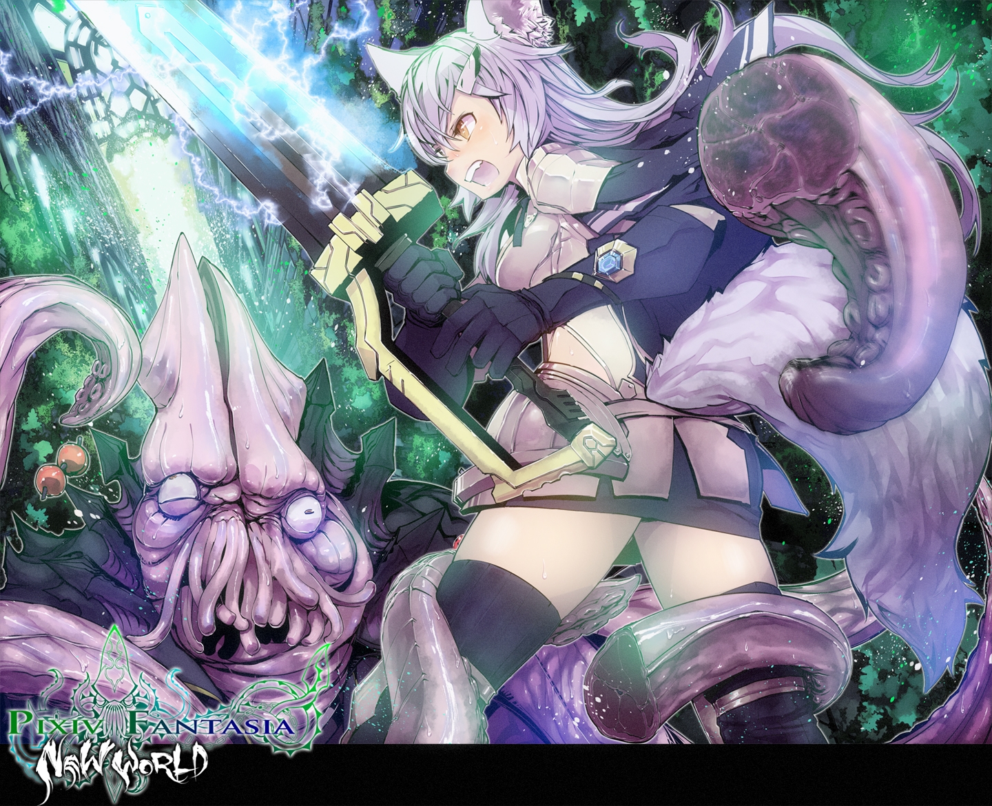 animal, animal_ears, armor, blush, brown_eyes, gray_hair, long_hair, original, pixiv_fantasia, stregoicavar, sword, tail, tentacles, thighhighs, weapon