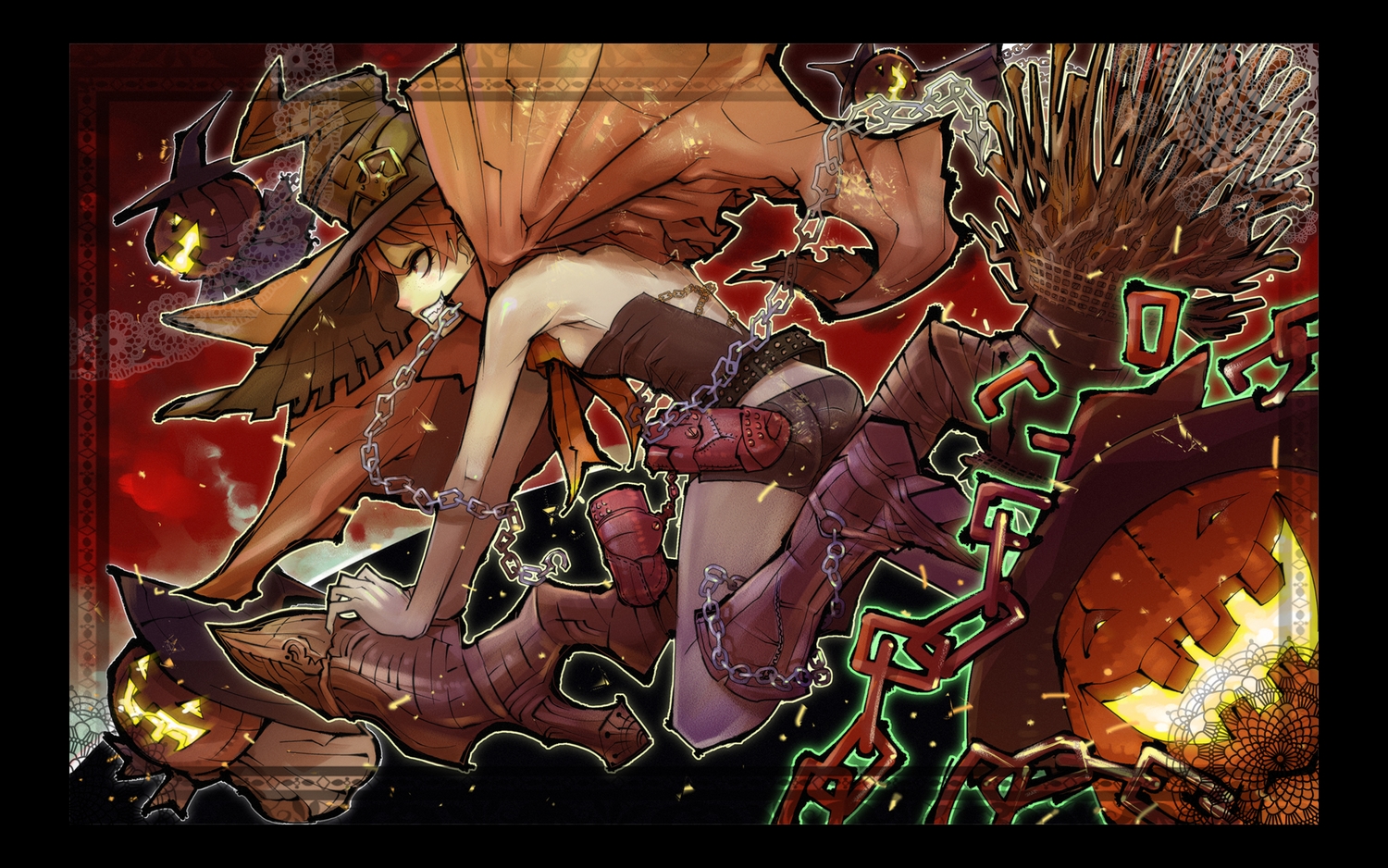 boots, brown_hair, cape, chain, halloween, hat, original, pumpkin