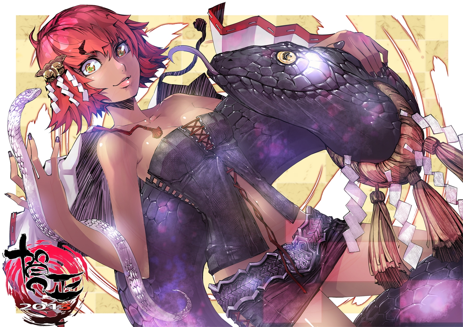 animal, bell, bicolored_eyes, logo, navel, original, red_hair, short_hair, snake, stregoicavar